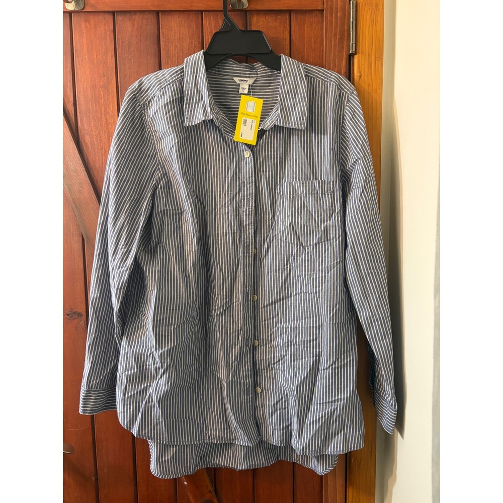 Sonoma Goods For Life Womens Blue White Striped Button Up Shirt Large NWT
